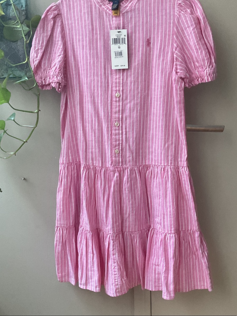 Ralph Lauren Pink & White Striped Button-Front Tiered Dress